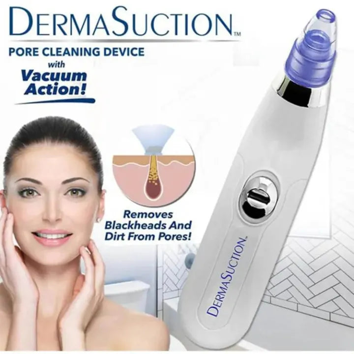DERMA SUCTION pore cleaning device with a woman's face and diagram showing its use.