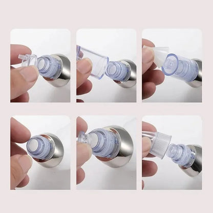 Step-by-step process of using a small bottle with a pump dispenser.