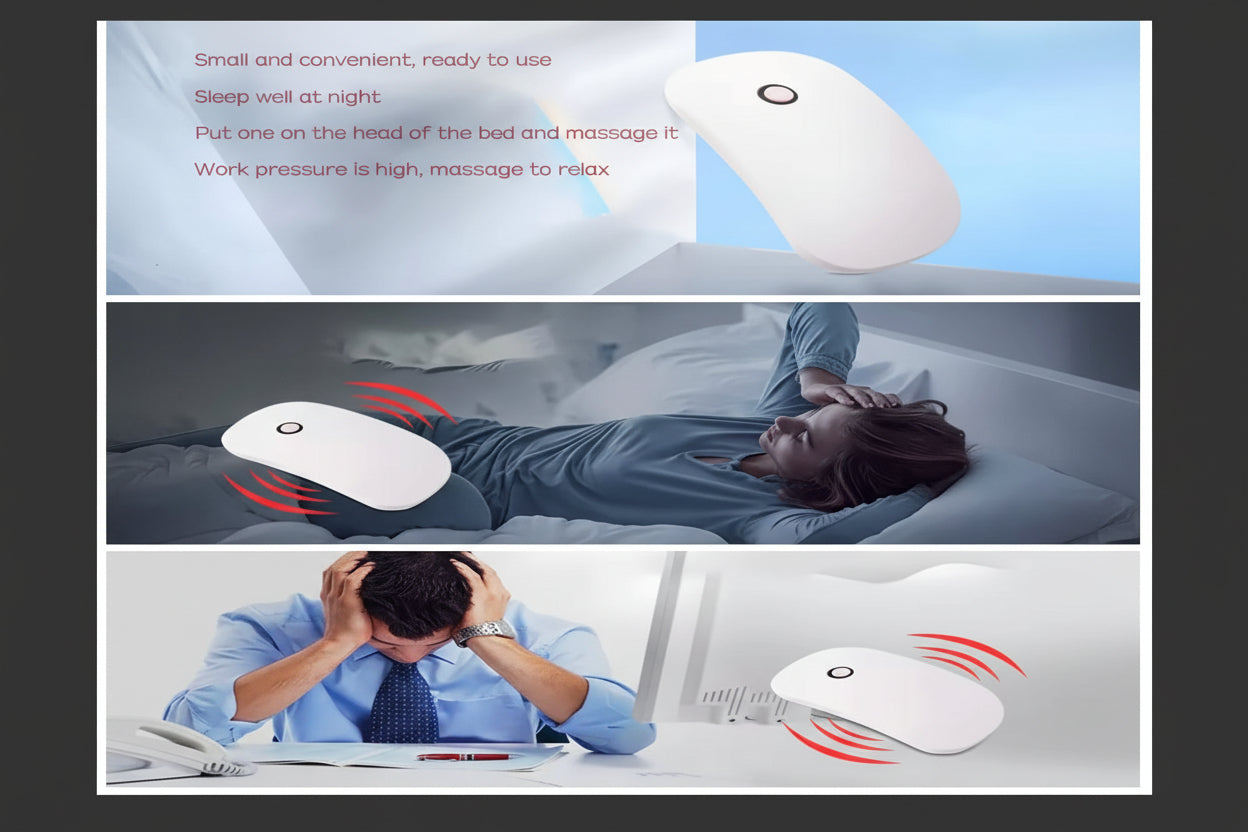 White pillow with massage function shown in use on a person and at home.