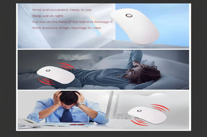 White pillow with massage function shown in use on a person and at home.