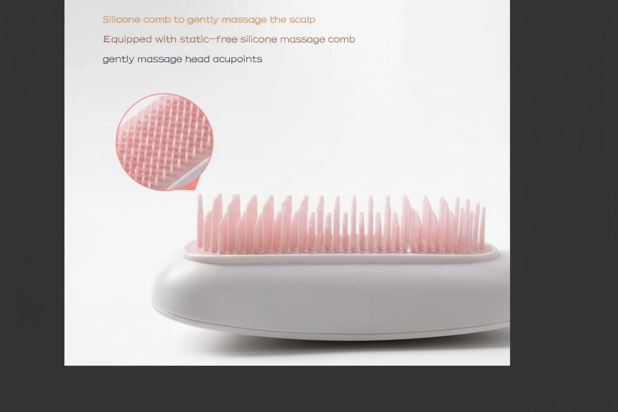 Massage comb with silicone comb and text on a white background