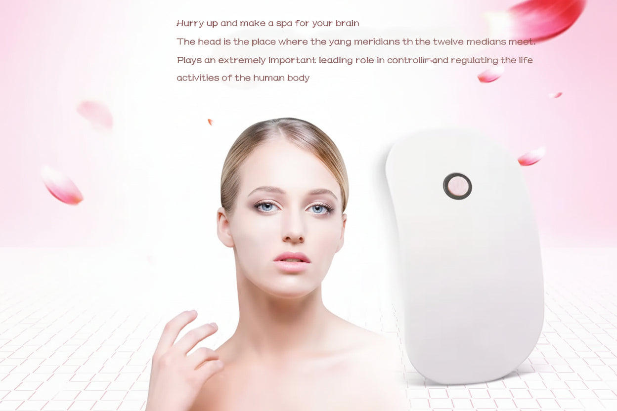 Woman with a white electronic device on a light pink background