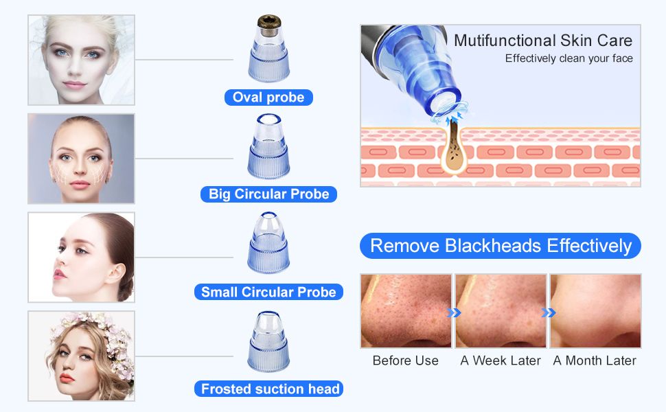 Cosmetic device with various probes and before-and-after skin effects on a white background