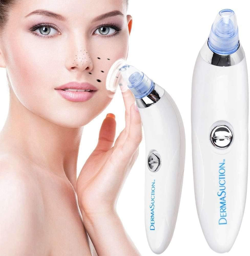 Woman using a derma suction device on her face with a close-up of the device on a white background.