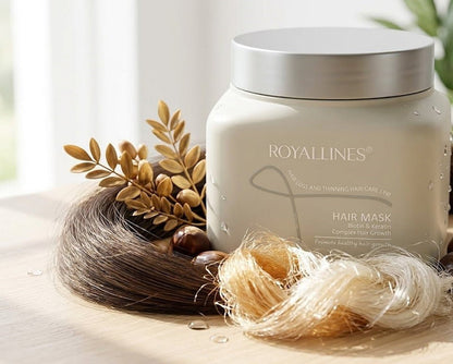 ROYALLINES hair mask jar with hair strands and leaves on a light background